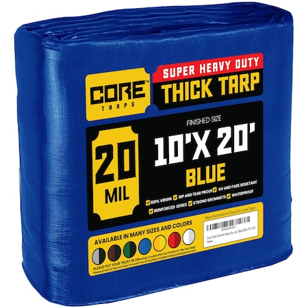 Core Tarps Heavy Duty Tarp, 20 ft L x 0.5 mm H x 10 ft W, 20 Mil, Blue, Polyethylene CT-705-10X20